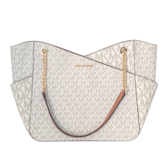 Michael Kors Cream White Brown Saffiano Leather Jet Set Chain Tote Handbag w COA - Picture 1 of 11